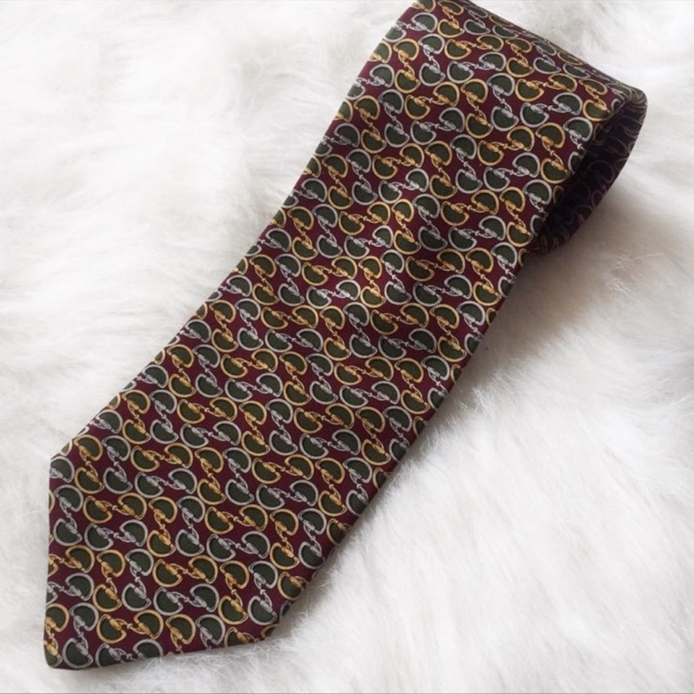 Brooks Brothers Silk Tie Men’s Equestrian Snaffle Bit Chain Burgundy Green Gold